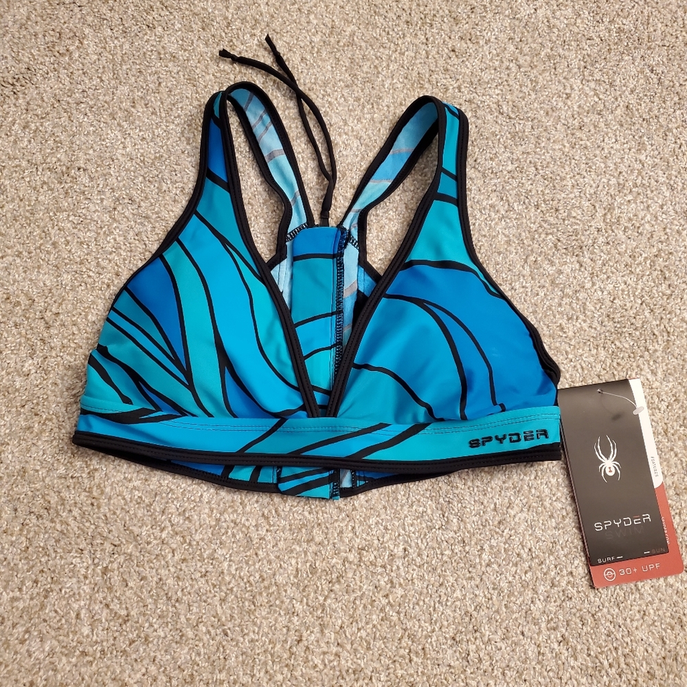 Spyder zip up racer back bikini top, size L